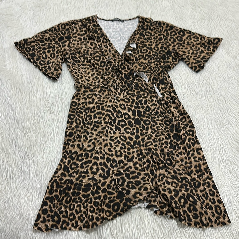 Boohoo brown animal print ruffle faux wrap dress size 16